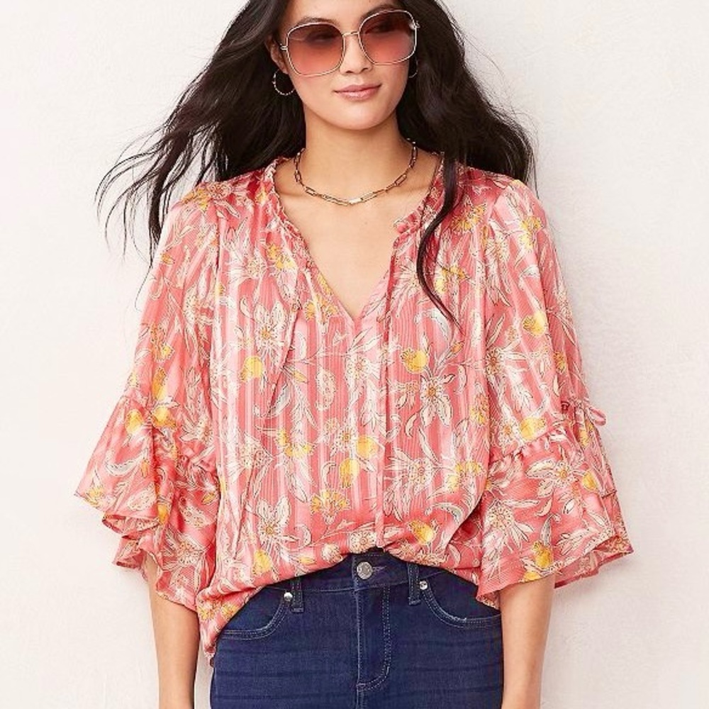 LC LAUREN CONRAD Chiffon Bohemian Blouse 3/4 Ruffle Sleeve Split Neck with Tie - Picture 2 of 12